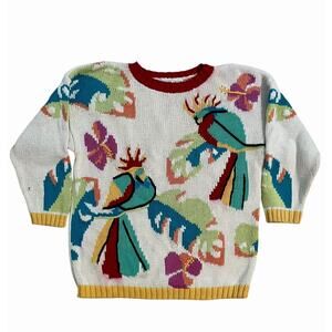 VTG Parrot Knit Sweater Womens M Rebecca Stone Tropical Cottagecore 90s Artsy